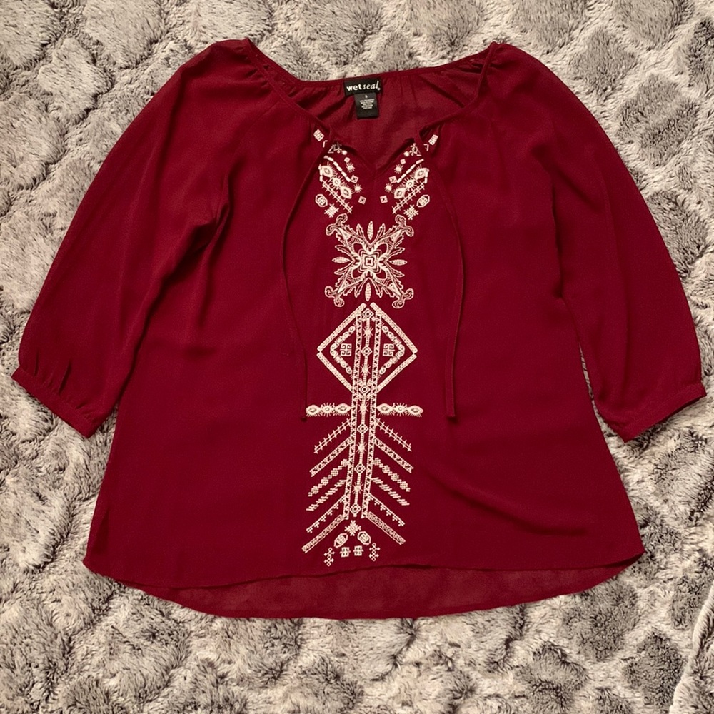 WET SEAL casual red/maroon blouse with embroidery